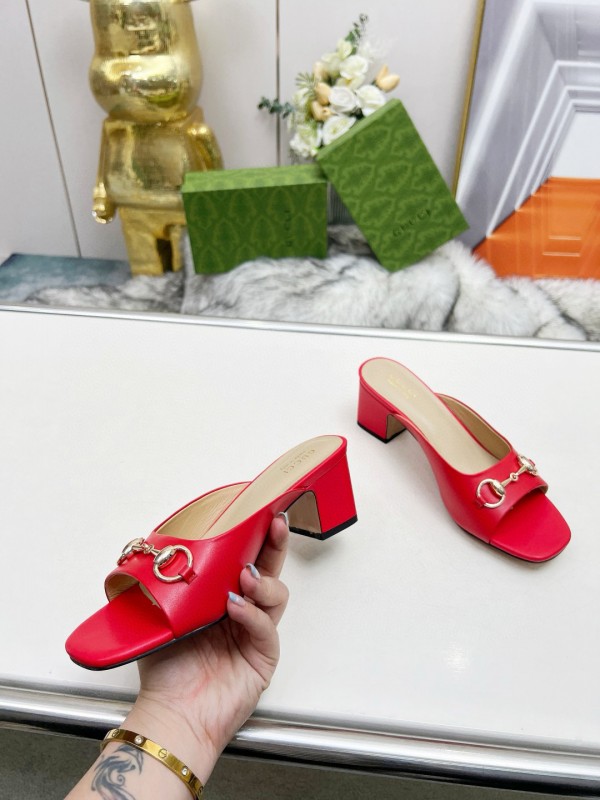 2025 Women Gucci Red Leather Heeled Mules Metal Ornament