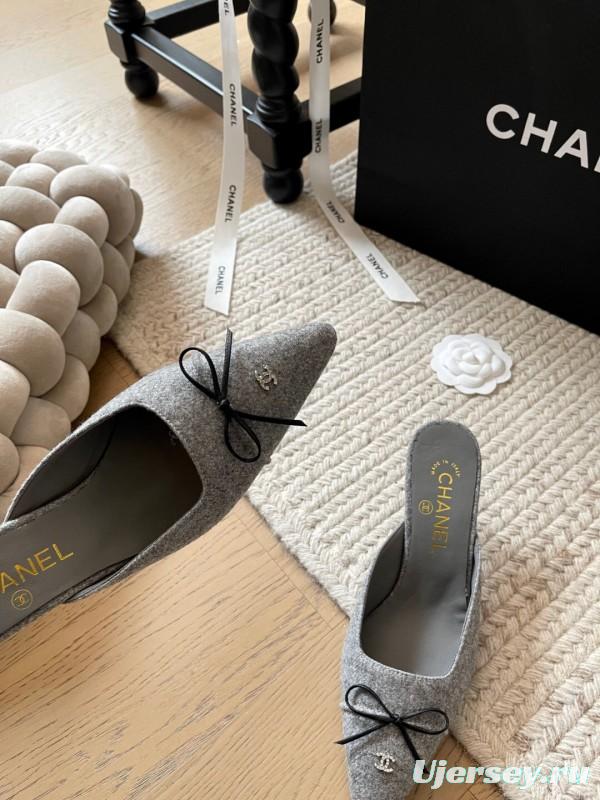2025 Women Chanel Grey Fabric Pointed Toe Mules KFY00290