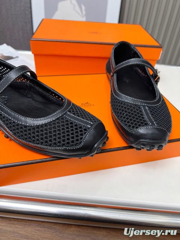 2025 Women Hermès Black Leather Mesh Mary Jane LY00230