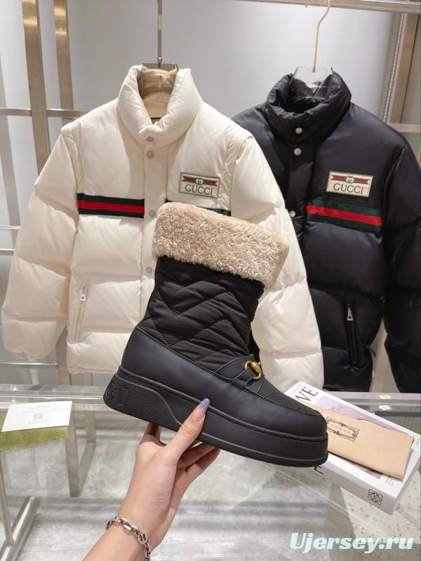 2024 Women Gucci black leather quilted snow boots gold metal MJ00420