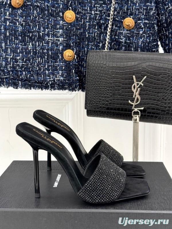 2025 Women Yves Saint Laurent Black Rhinestone Leather High Heel Slippers LY00300