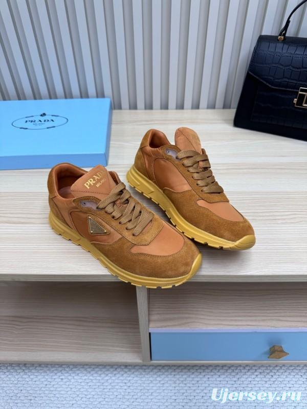 2025 Women Prada Brown Suede Nylon Sneakers LY00300