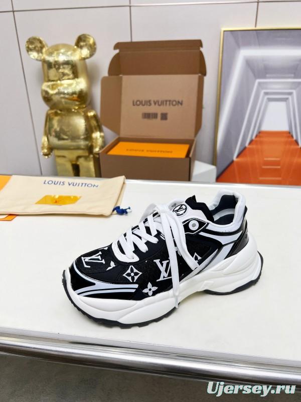 2025 Unisex Louis Vuitton Black White Fabric Leather Sneakers LY00340(F)/LY00341(M)
