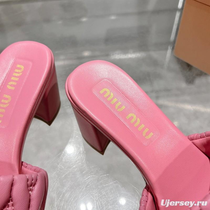 2025 Women Miu Miu Pink Sheepskin Heeled Sandals Quilted KFY00250