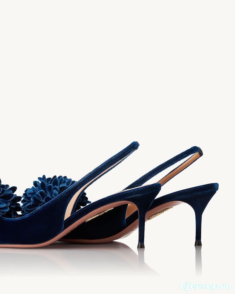 2025 Women Aquazzura Deep Blue Velvet Slingback Pom Pom Pumps KFY00320