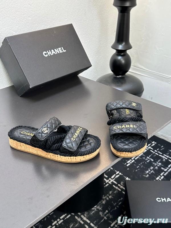 2025 Slippers Chanel Black Leather Cork Sole Sandal LY00250