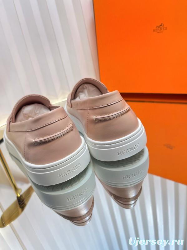 2025 Women Hermès Pink Leather Loafers LY00310(F)