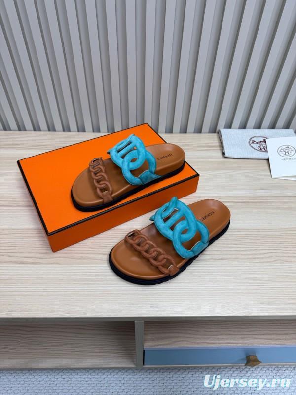 2025 Slippers Hermès Blue Brown Leather Slippers