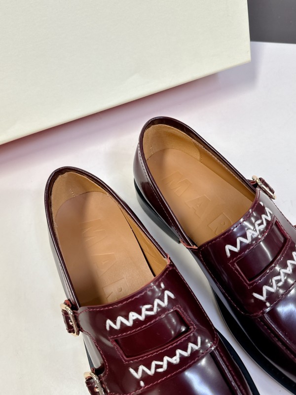 2025 Women Marni Burgundy Leather Loafers KFY00320