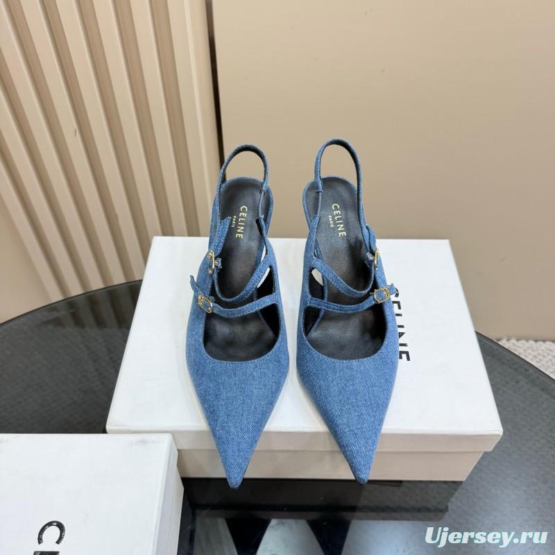 2025 Women CELINE Blue Denim Leather Pointed Toe Slingback Heels KFY00290