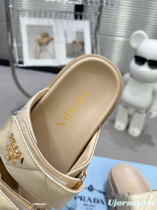 2025 Women Prada Beige Leather Slippers KFY00290