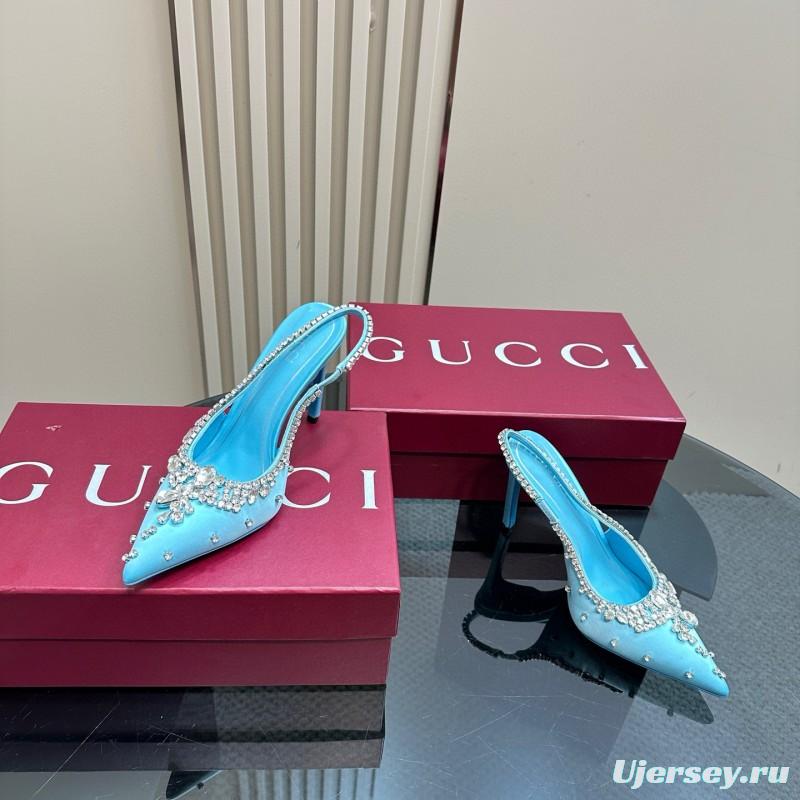 2025 Women Gucci Blue Silk Crystal Embellished Slingback Pumps MJ00340
