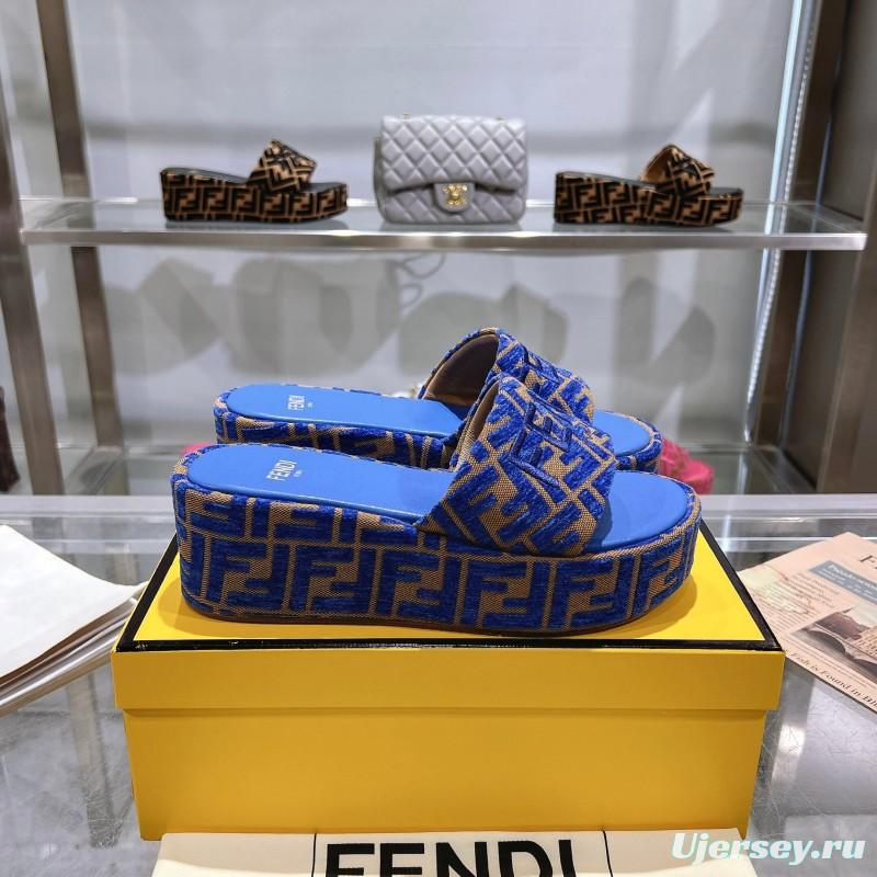 2025 Slippers Fendi Blue Brown Fabric FF Jacquard Platform