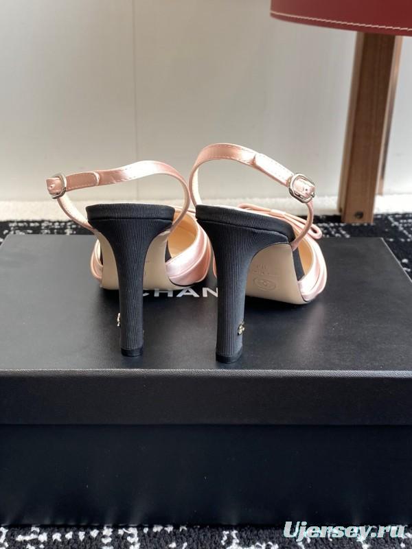 2025 Women Chanel Pink Black Satin Leather Slingback Heels KFY00289