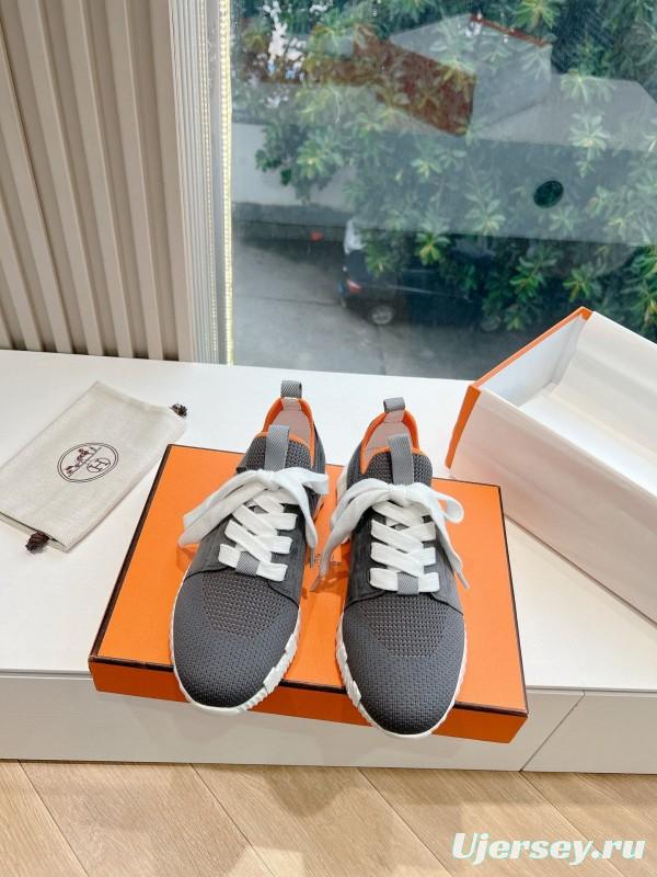 2024 Unisex Hermès Black Orange Calfskin Suede Sneakers MJ00290(M/W)