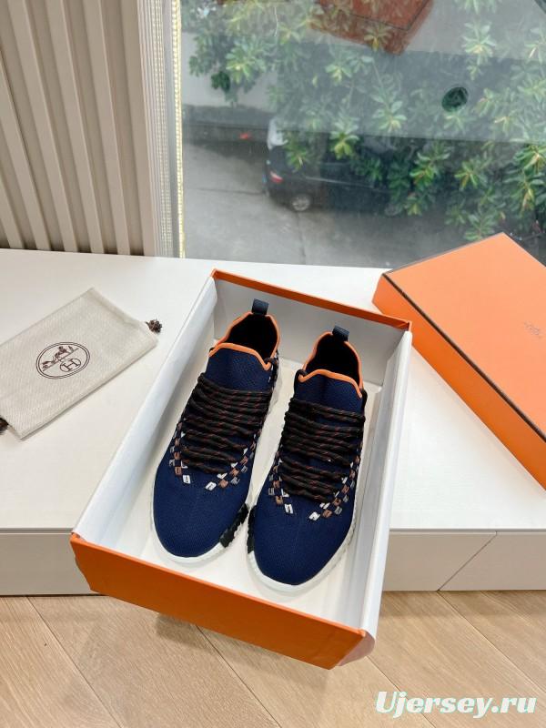 2024 Unisex Hermès Navy Orange Knit Leather Sneakers