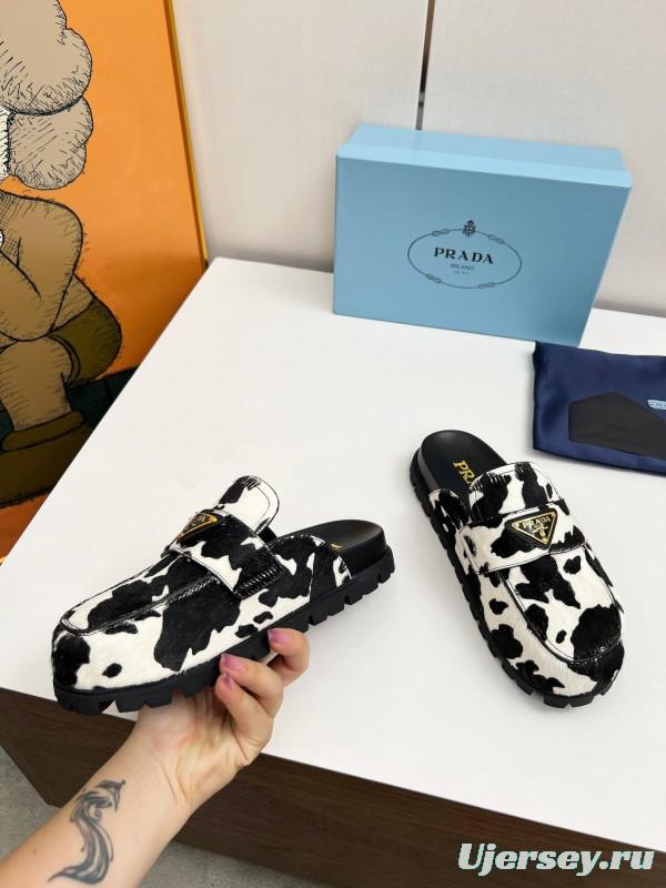 2025 Women Prada Black White Calf Hair Slippers LY00270