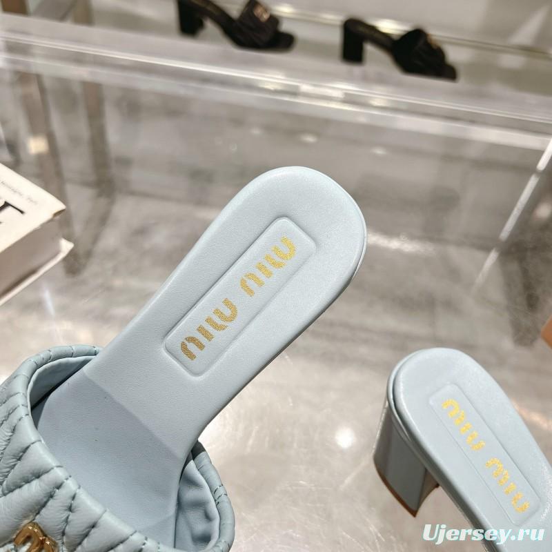 2025 Women Miumiu Light Blue Sheepskin Heeled Sandals
