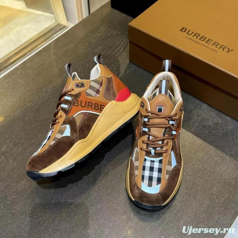 2025 Unisex Burberry Brown Beige Suede Leather Mesh Sneakers Checked Pattern MX00380