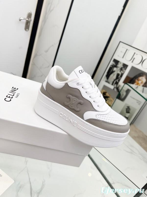 2025 Women Celine White Grey Leather Block Triomphe Sneakers LY00270