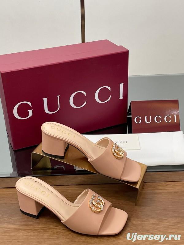 2025 Women Gucci Pink Leather Slippers GG Crystal Buckle LY00280