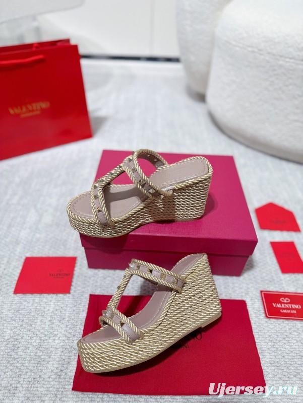 2025 Women Valentino Beige Rope Leather Wedge Sandals LY00290