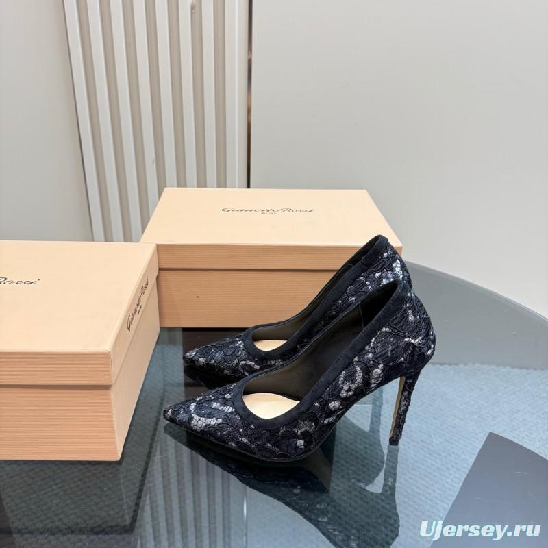 2025 Women Gianvito Rossi Black Lace Leather High Heel KFY00280