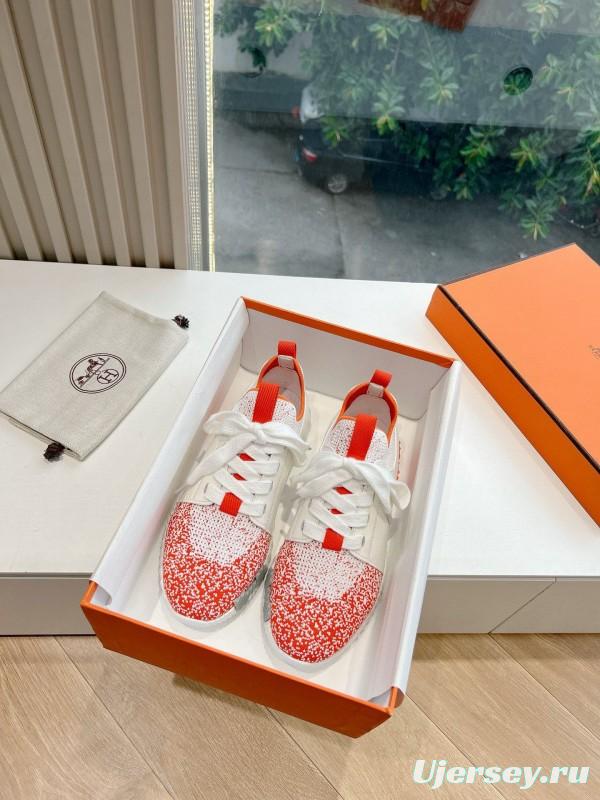 2024 Unisex Hermès white orange leather knit sneakers