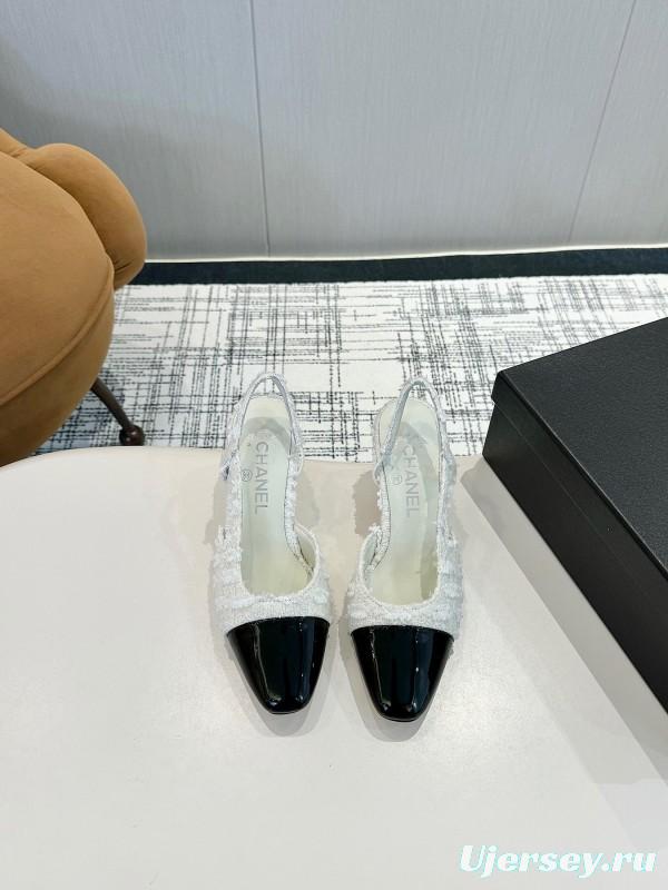 2025 Women Chanel White Black Tweed Patent Leather Slingback LY00240