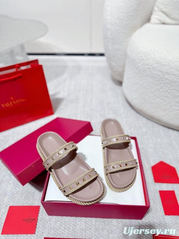 2025 Women Valentino Beige Leather Slippers