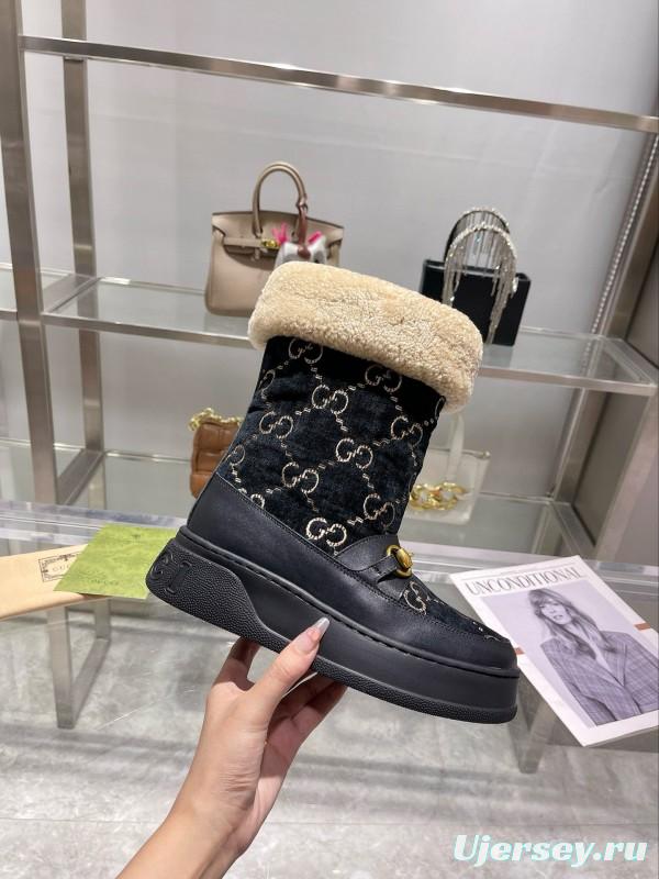 2024 Women Gucci Black Shearling Leather Snow Boots MJ00420
