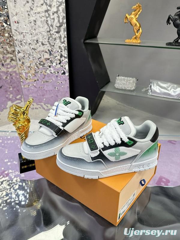 2024 Unisex Louis Vuitton Green White Leather Fabric Plimsolls Waxed Distressed Washed MJ00500