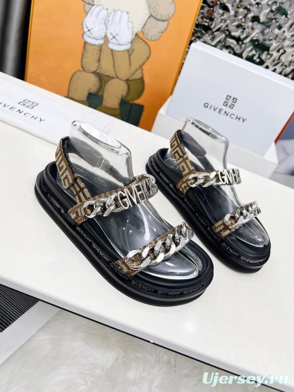 2025 Women GIVENCHY Brown Black Leather Chain Sandals LY00260