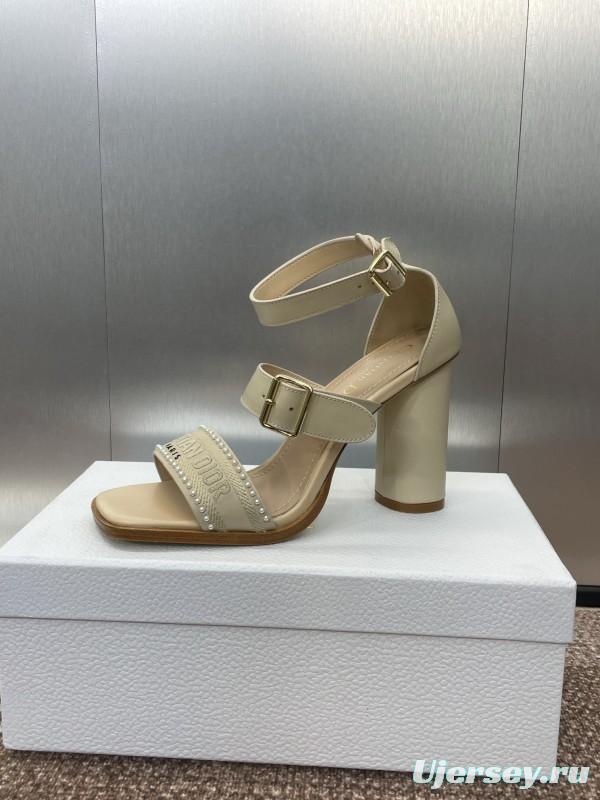 2025 Women Dior Beige Calf Leather Sheepskin Pearl Embroidered High Heel Sandals KFY00320