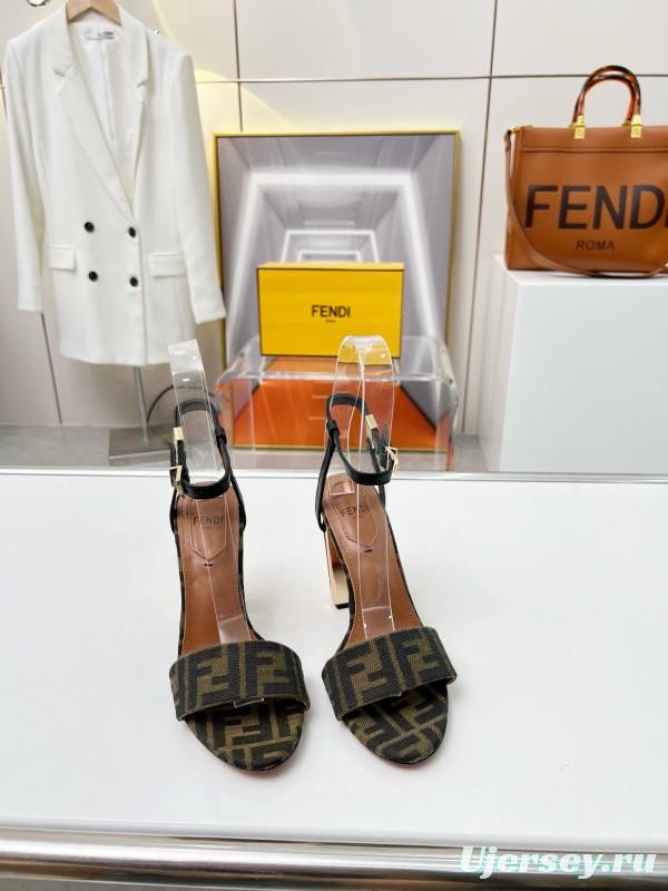 2025 Women Fendi Brown Black Leather Fabric High Heel Sandals