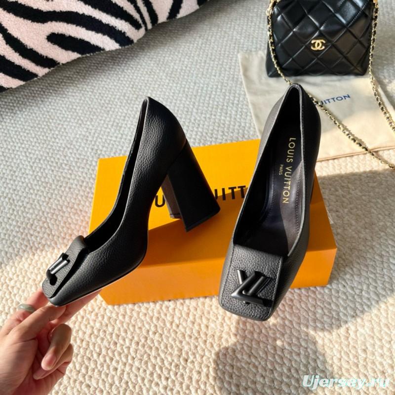 2024 Women Louis Vuitton Black Leather Block Heel Pumps