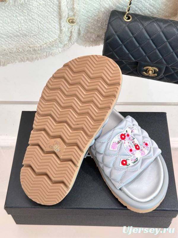 2025 Slippers Chanel Silver Floral Embroidery Leather Slippers KFY00260