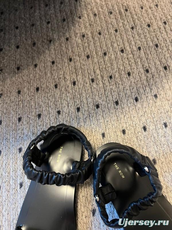 2025 Women The Row Black Leather Flat Sandals KFY00270