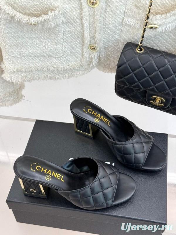 2025 Women Chanel Black Sheepskin Quilted High Heel Sandals