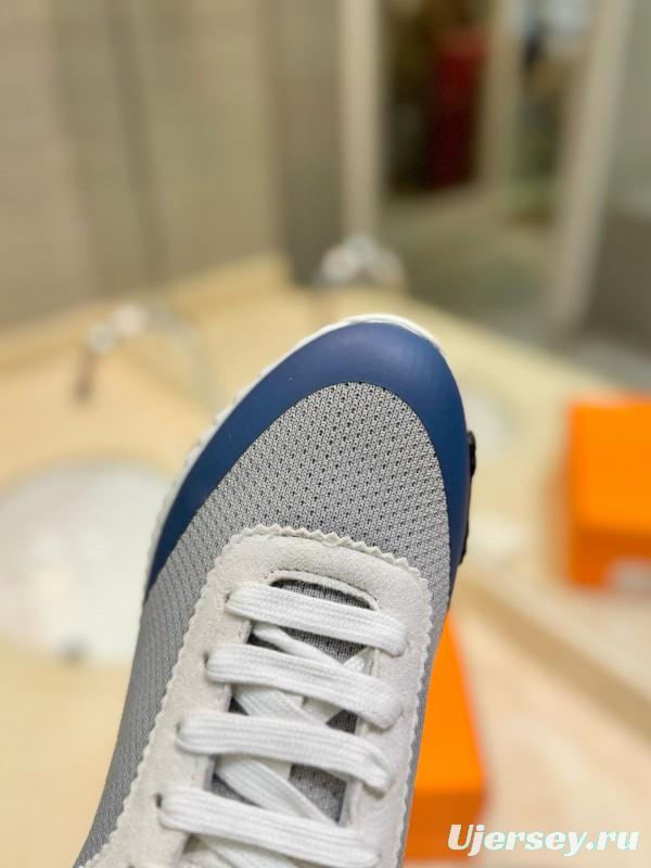 2024 Unisex Hermès Blue Grey Orange Suede Rain Cloth Sneakers MJ00320