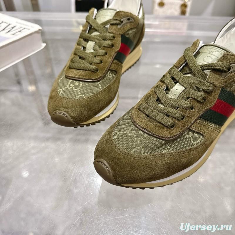 2025 Women Gucci Khaki Green Red Suede Mesh Sneakers LY00340