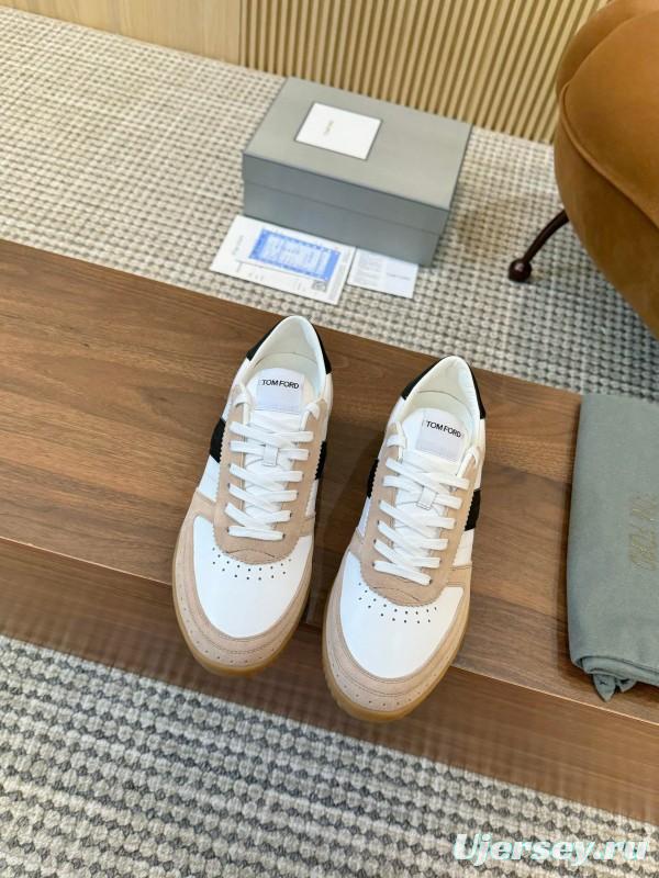 2025 Unisex TOM FORD White Black Beige Leather Suede Sneakers LY00360