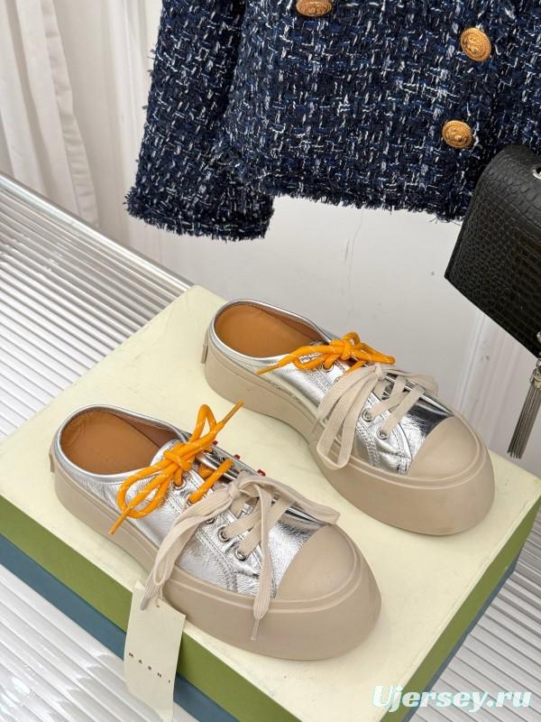2025 Women Yves Saint Laurent Silver Leather Platform Sneakers With Orange And Beige Laces YSL123(F)