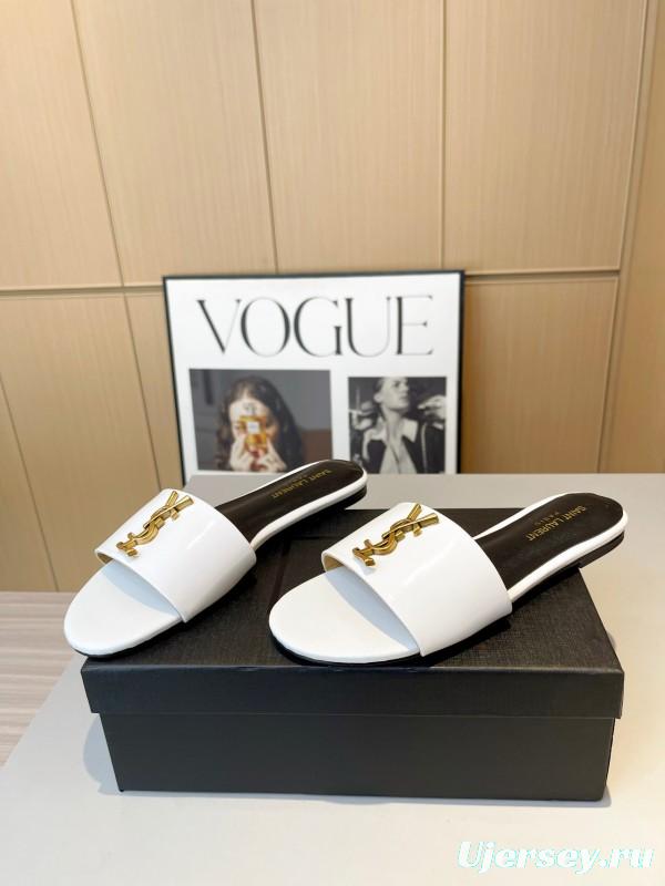 2025 Women Yves Saint Laurent White Leather Slippers LY00180