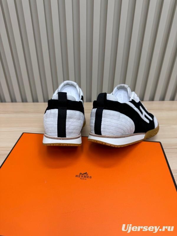2025 Unisex Hermès White Black Suede Down Fabric Sneakers Top Version KFY00300