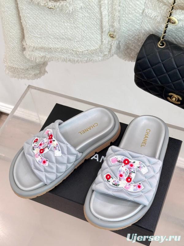 2025 Slippers Chanel Silver Floral Embroidery Leather Slippers KFY00260