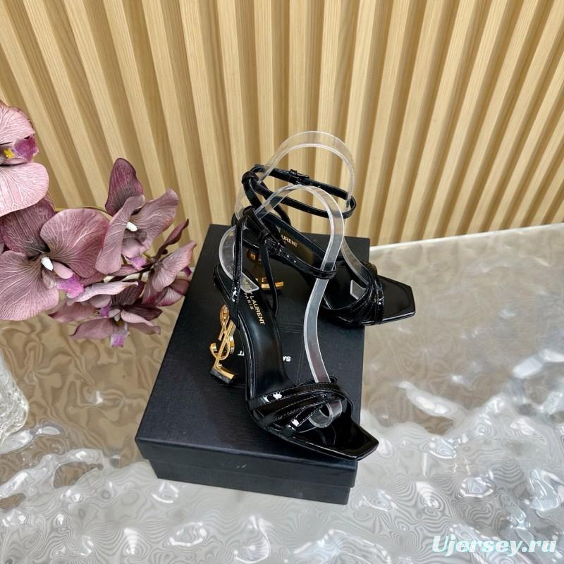 2025 Women Yves Saint Laurent Black Patent Leather High Heel Sandals Metal Logo MJ00310