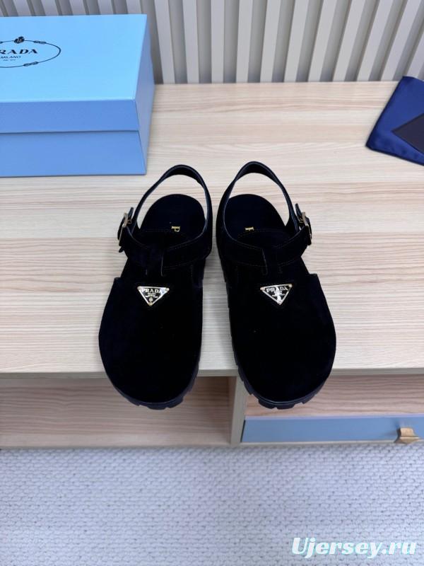 2025 Women Prada Black Suede Sandals LY00280
