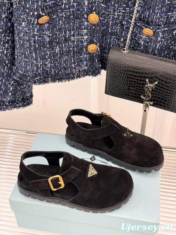 2025 Women Prada Black Suede Sandals