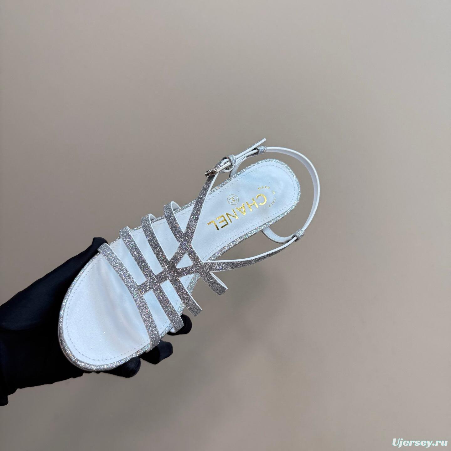 2025 Women Chanel Silver Leather Sandals